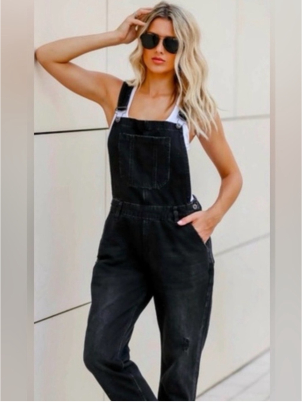 Risen Jean Los Angeles Washed Black Distressed Ankle Crop Overalls Womens Medium